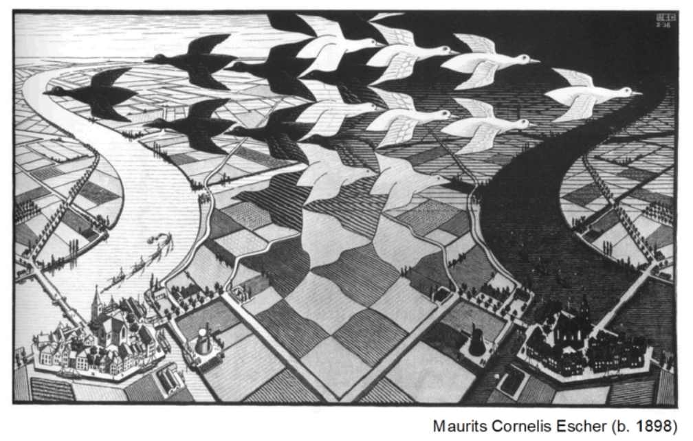 An example of visual figure-ground by MC Escher.